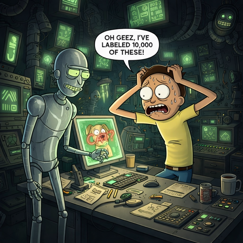 Morty, looking stressed, says: Oh geez, I've labeled 10,000 of these!